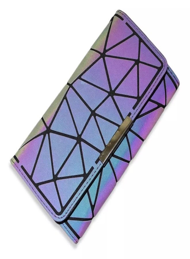 QBLYN Geometric Rhomboids Lattice Long Wallet and Purse - Fashion Luminous Trifold Lattice Purse Clutch for Women,Luminous Geometric Wallet Holographic Reflective Clutch (Small) - Image 1